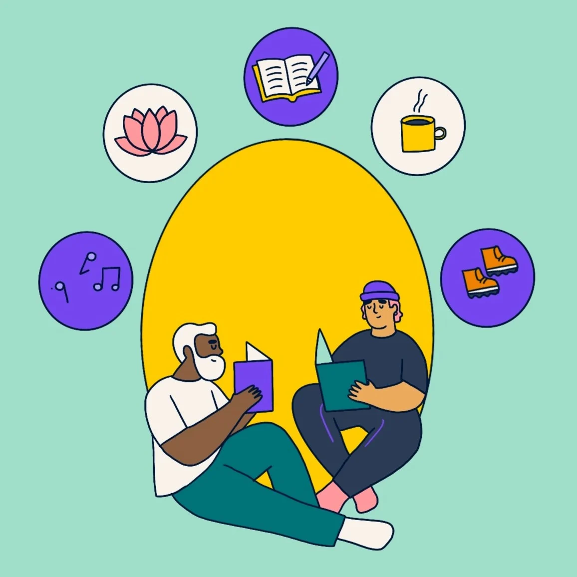 Illustration of father and son sitting and reading. Surrounding them are icons: a lotus flower, book, coffee, musical notes, and hiking boots, suggesting relaxation and hobbies.