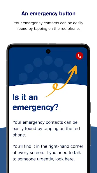 Mobile app screen asks “Is it an emergency?” and highlights a red call button in the upper-right for contacting emergency contacts. Text above reads: 'An emergency button. Your emergency contacts can be easily found by tapping on the red phone.'