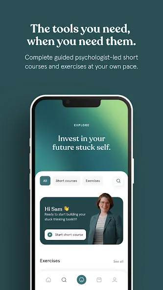 Mobile app screen displays guided courses, exercises, and a therapist profile. Text above reads: "The tools you need, when you need them. Complete guided psychologist-led short courses and exercises at your own pace."