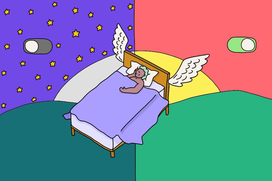 Illustration of a person asleep in bed. On the left is a starry night and on the right is a sunrise.