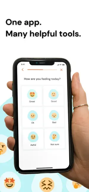 Smartphone shows a mood check-in app with emoji choices from “Great” to “Not sure”. Text reads, “One app. Many helpful tools.”