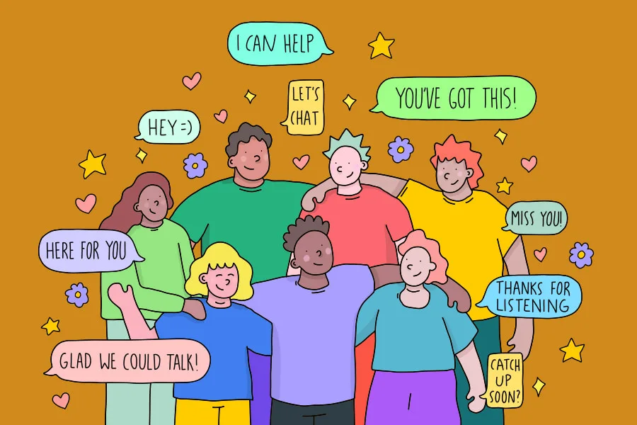 Illustration showing a group of young people standing together and talking. Text in various speech bubbles reads "I can help, let's chat, you've got this, here for you, miss you, thanks for listening, glad we could talk catch up soon".