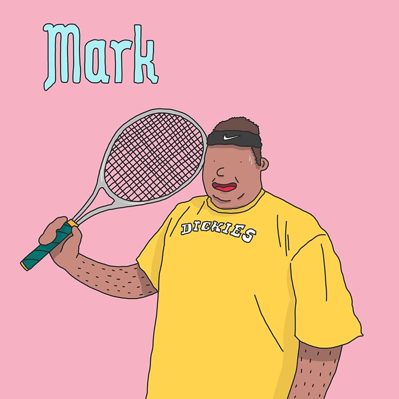 mark cartoon man in exercise gear with tennis racquet
