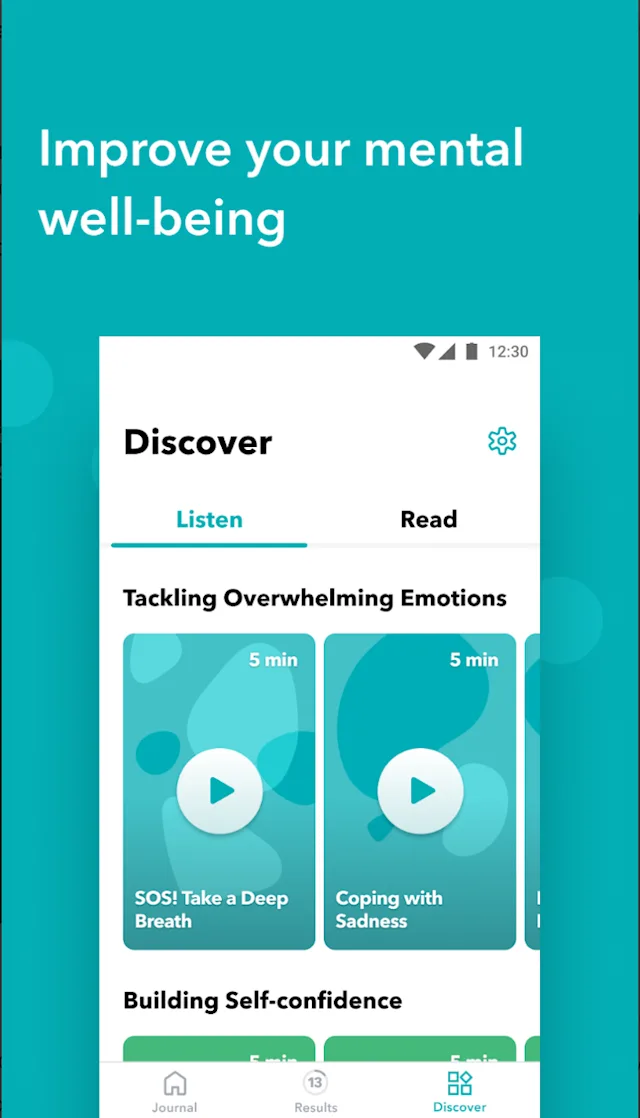 App interface with videos under subheadings like "Tackling Overwhelming Emotions" and "Building Self-Confidence". Text above reads: "Improve your mental wellbeing".