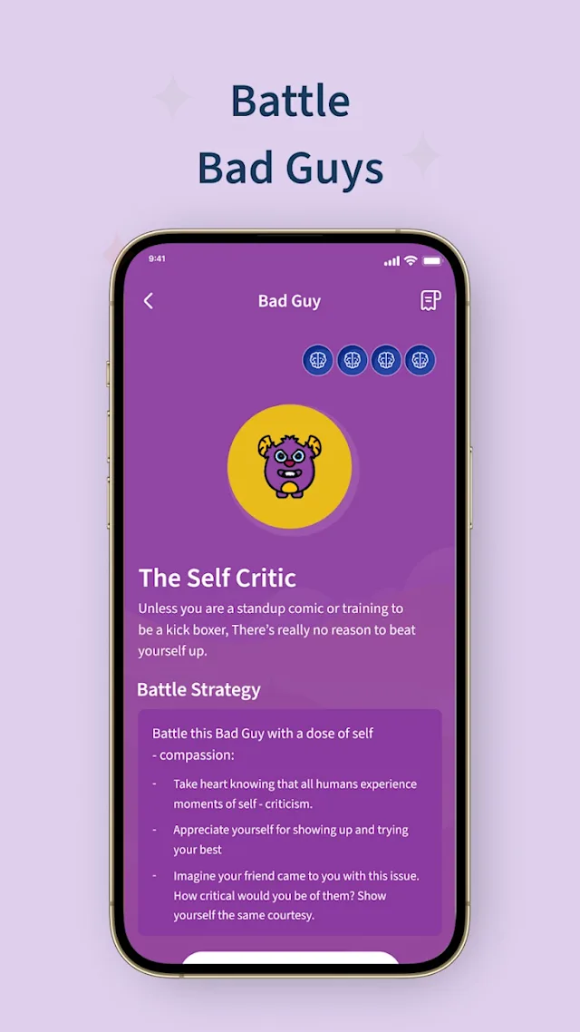 A smartphone screen shows a purple app interface titled "Bad Guy" with a cartoon monster icon labeled "The Self Critic." Text above reads: 'Battle Bad Guys'.