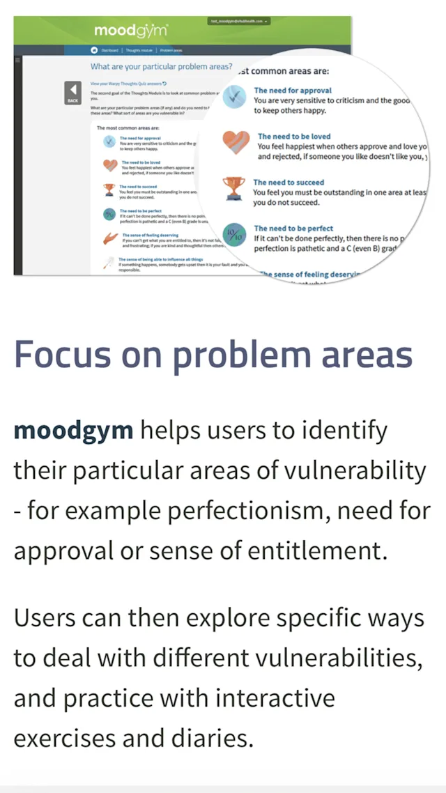 Screenshot of moodgym website displaying various therapeutic exercises. Text reads: 'Focus on problem areas. moodgym helps users to identify their particular areas of vulnerability - for example perfectionism, need for approval or sense of entitlement. Users can then explore specific ways to deal with different vulnerabilities and practice with interactive exercises and diaries.'