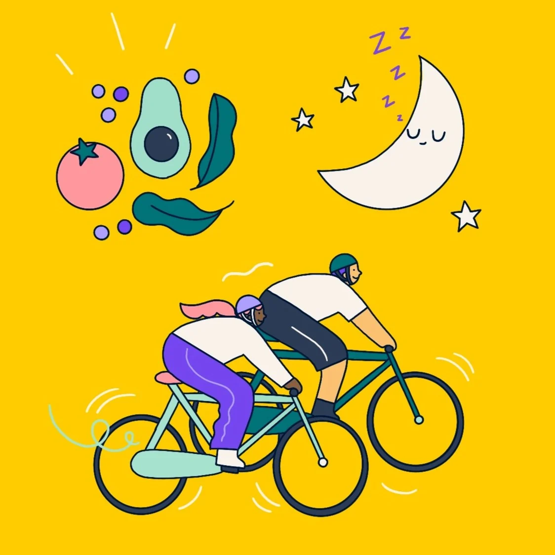 Illustration of healthy habits, featuring two cyclists, a collection of vegetables, and a snoring crescent moon to indicate good sleep.