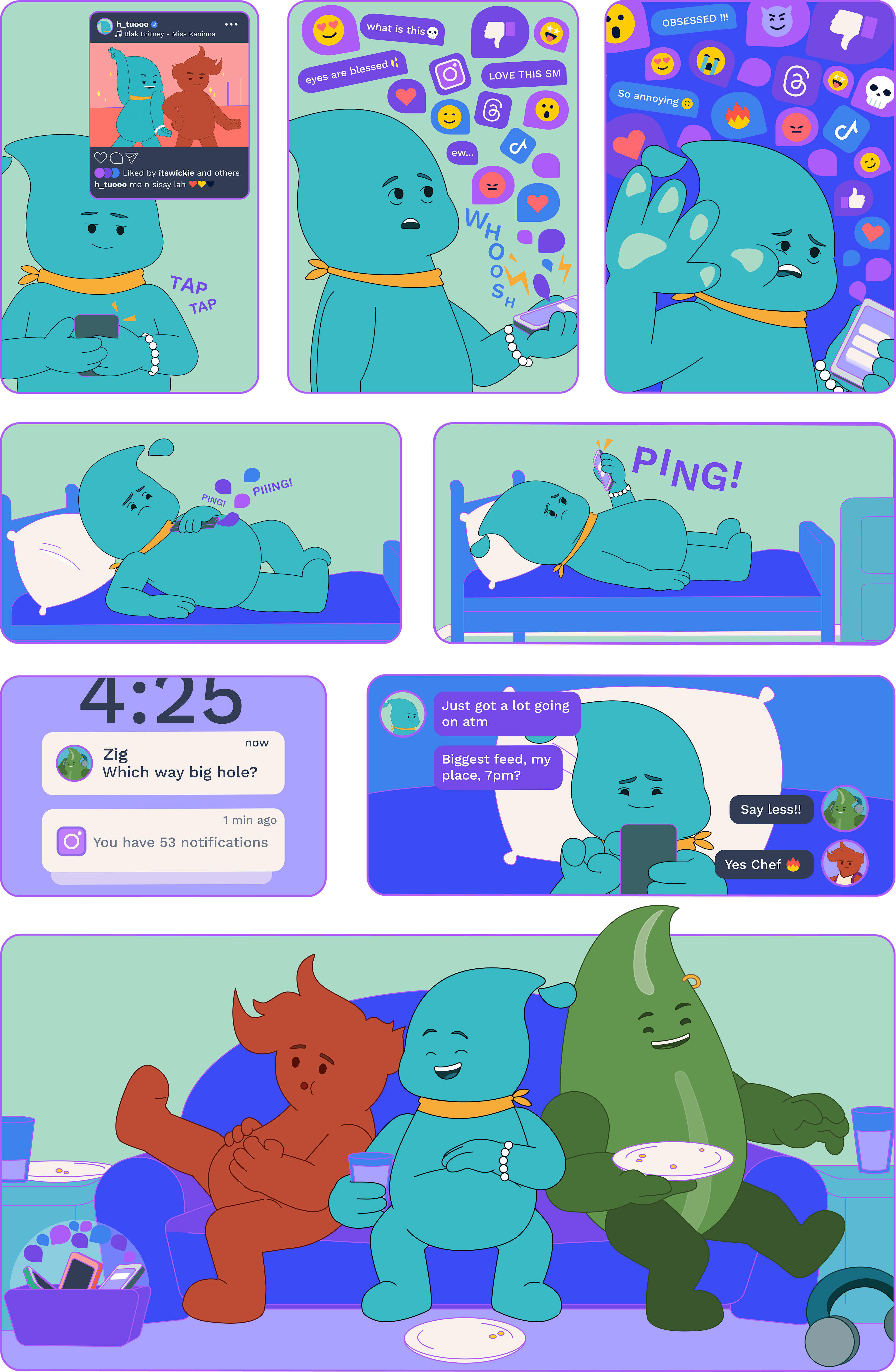 A comic featuring Tuo, an elemental water character. In the comic Tuo posts an image online and gets overwhelmed with comments, both positive and negative. They decide to invite their friends over to switch off from the digital world. The final panel is of Tuo sitting and having a laugh with their friends Zig and Wickie.