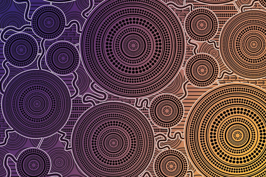 Dot artwork over a gradient purple and light orange background.
