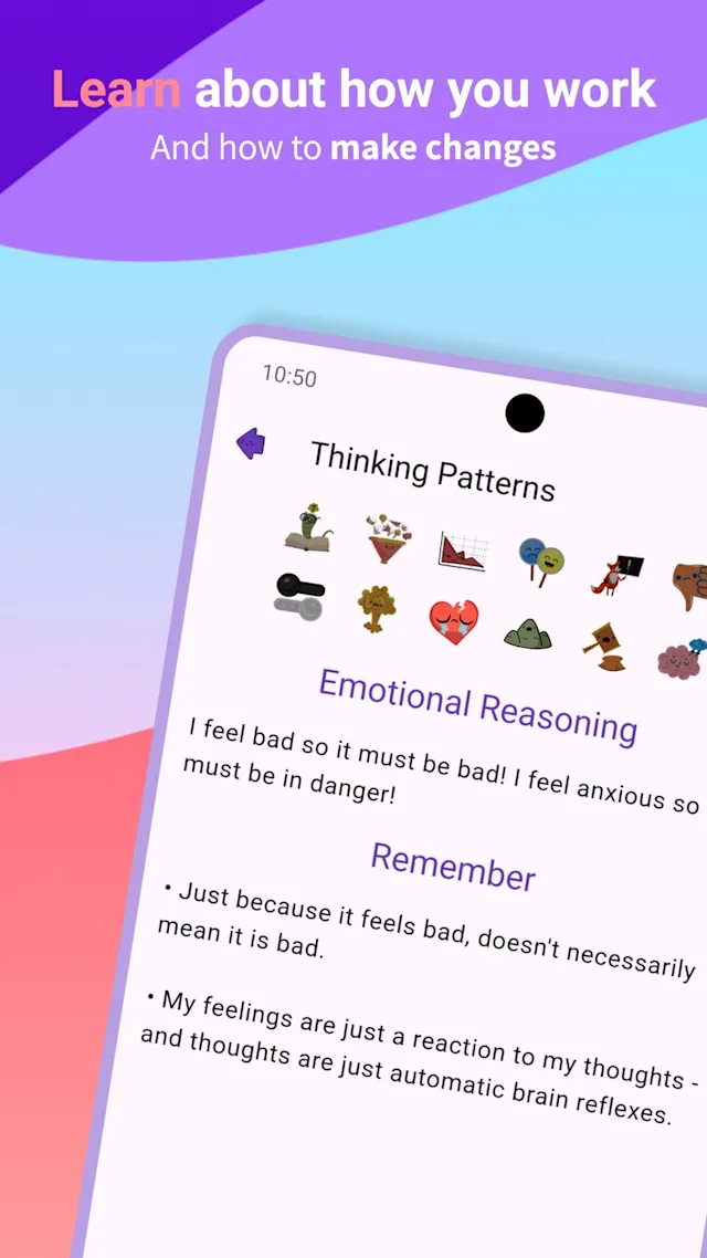 App interface displaying information on thinking patterns and emotional reasoning. Text above reads: "Learn about how you work, and how to make changes". 