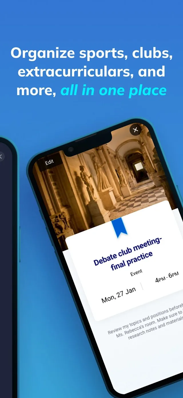 Smartphone screen displaying a calendar app with a debate club meeting reminder. Text above reads, "Organise sports, clubs, extracurriculars, and more, all in one place."