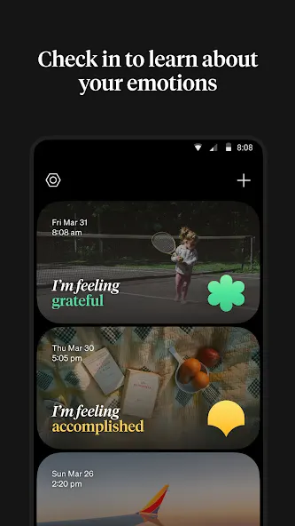 Mobile app showing journal records indicating feelings of gratitude and accomplishment. Text above reads: “Check in to learn about your emotions".
