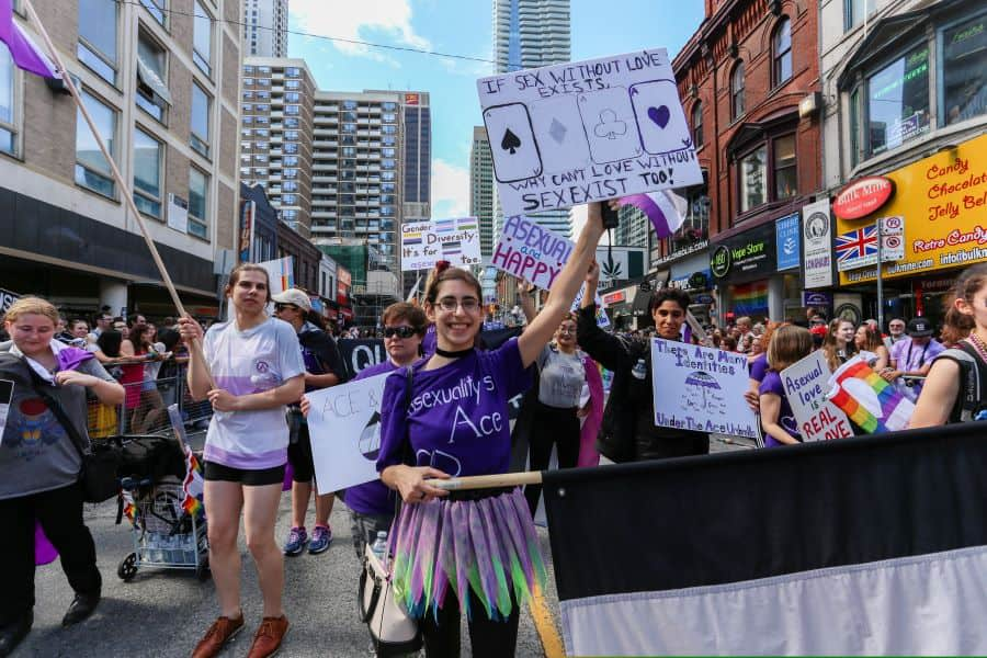 An asexuality awareness march with young people smiling and holding flags and signs on an urban street.