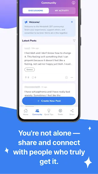 Mobile app screen shows supportive posts and a “Create New Post” button. Text below reads: 'You're not alone - share and connect with people who truly get it.'