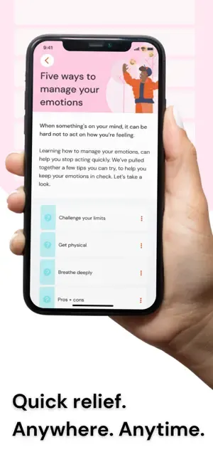 Smartphone displays the text “Five ways to manage your emotions,” with calming tips and illustration. Text below reads, “Quick relief. Anywhere. Anytime.”