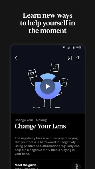 Mobile app screen reading “Learn new ways to help yourself in the moment,” featuring an activity called “Change Your Lens”.