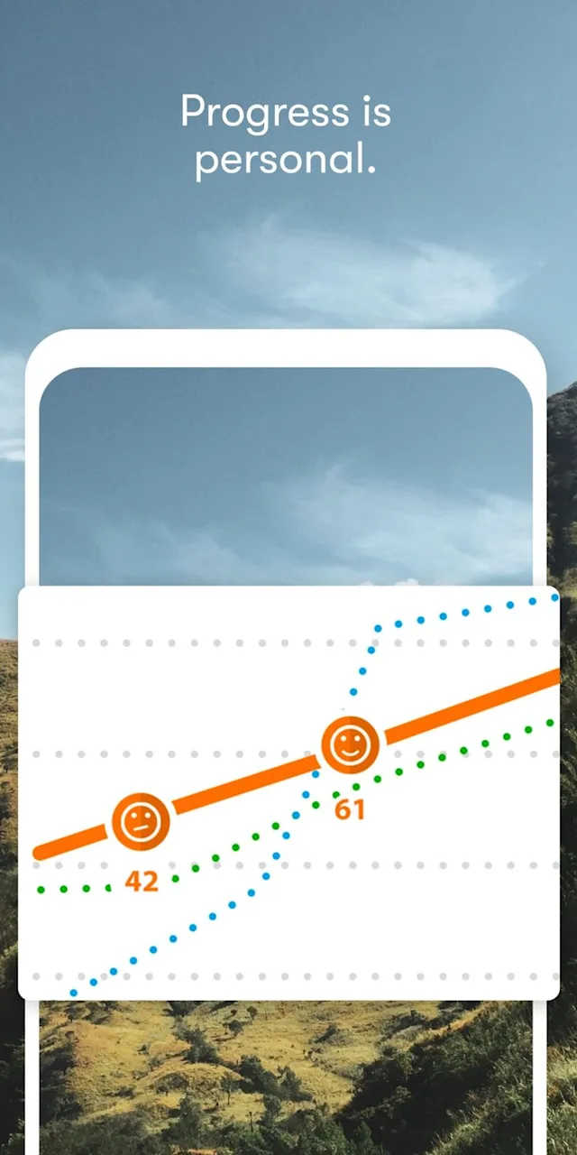 App shows a graph with smiley faces trending upward. Text on top reads: 'Progress is personal'.