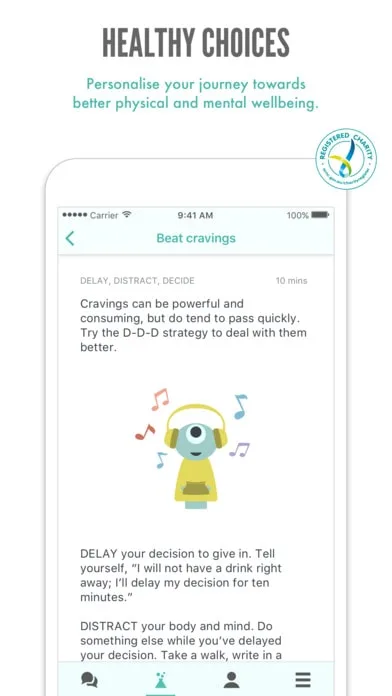 Mobile app screen titled 'Beat Cravings' with advice on managing cravings. Text above reads: "Healthy Choices. Personalise your journey towards better physical and mental wellbeing."