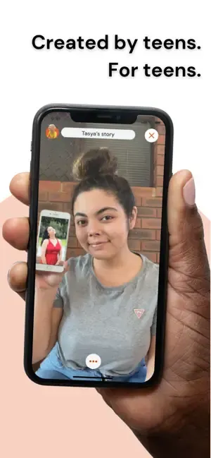 Smartphone shows a teen’s selfie. Text above reads, “Created by teens. For teens.”
