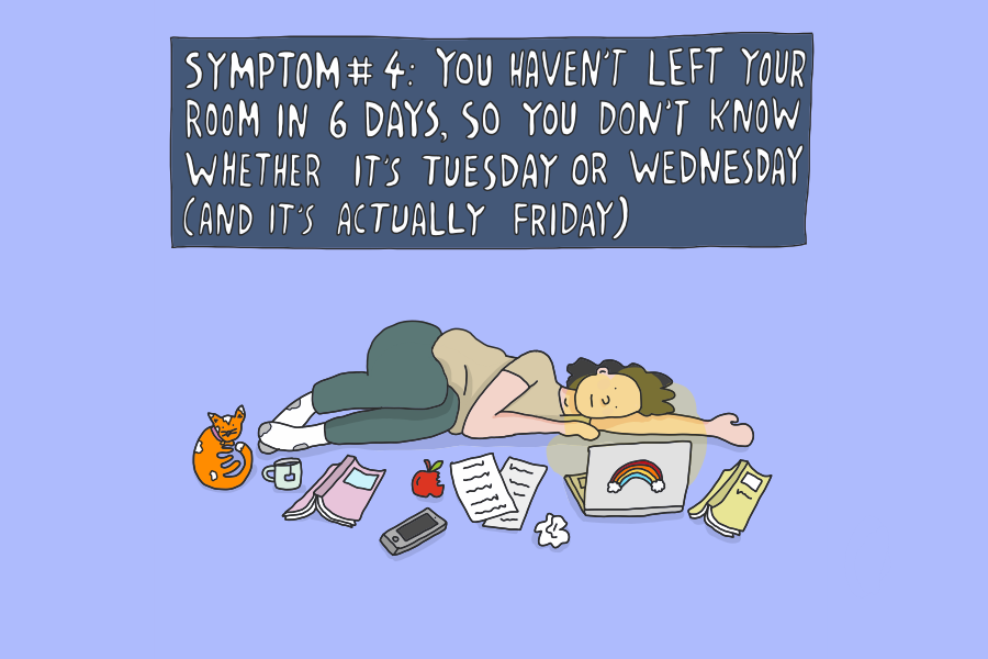 A cartoon image of a person lying on the ground with their laptop and homework around them. Above them, text reads 'Symptom #4: You haven't left your room in 6 days, so you don't know whether it's Tuesday or Wednesday (and it's actually Friday)'