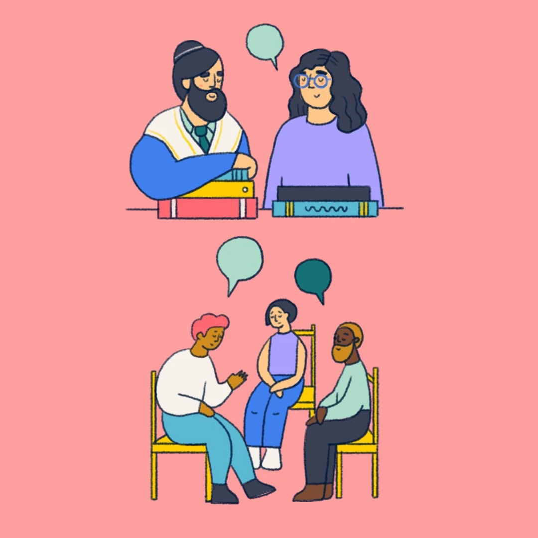 illustration of young person talking to religious leader and in a support group