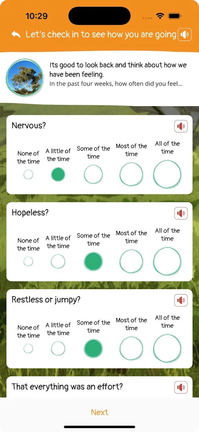 Mobile mental health app check-in screen shows questionnaires on nervousness, hopelessness, restlessness, and more.