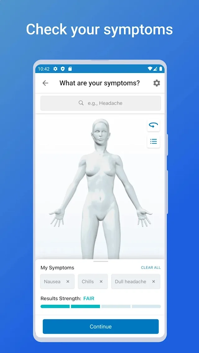 Smartphone screen displaying a health app. A body diagram helps users enter symptoms like nausea and headache. Text above reads: 'Check your symptoms'.