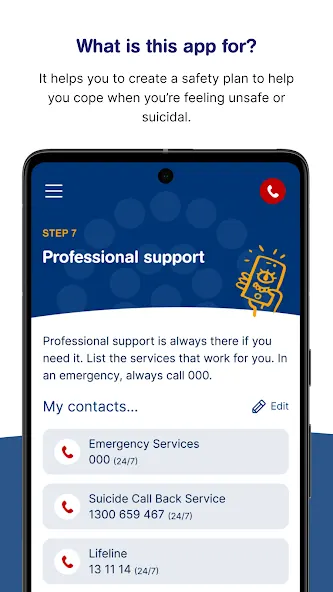 Mobile app screen for suicide safety support, showing professional help information and emergency contacts, including Lifeline and call-back services. Text above reads: 'What is this app for? It helps you to create a safety plan to help you cope when you're feeling unsafe or suicidal.'