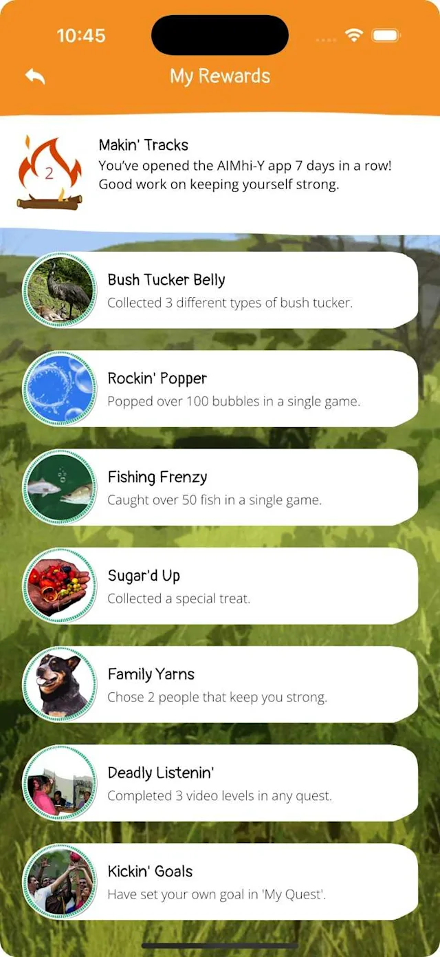 App screen showing seven achievement badges for food, fishing, music, family, and games.