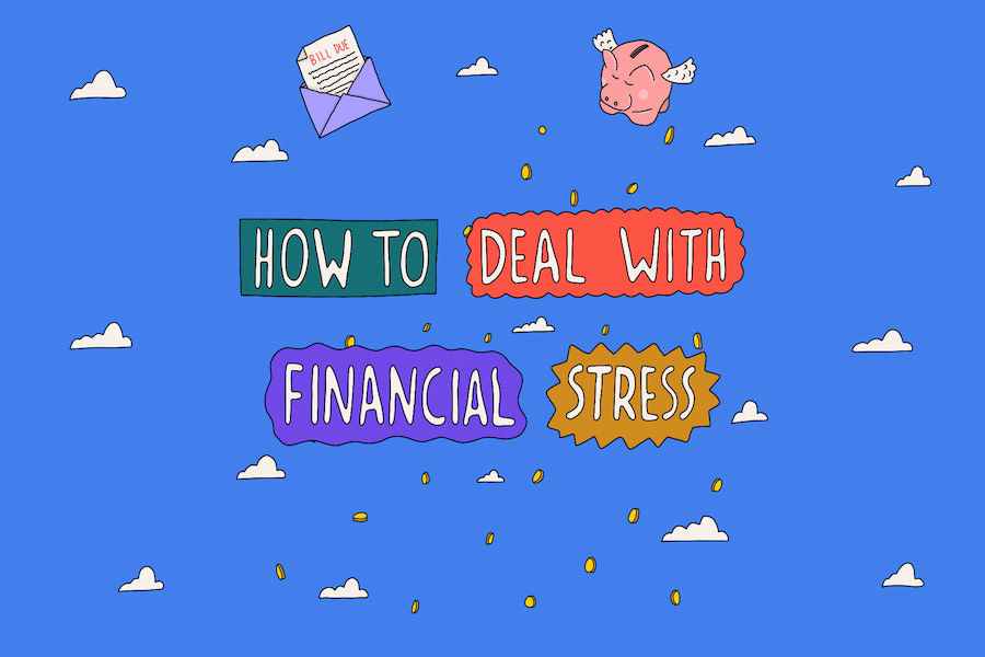 Illustration with a background of a blue sky and white clouds. There is large text that reads How to deal with financial stress. A piggy bank with wings and an overdue bill are floating above the text.