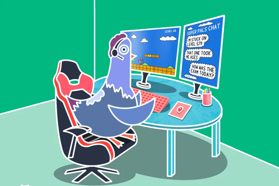 A pigeon character is sitting down at their computer chatting with friends online and playing games.