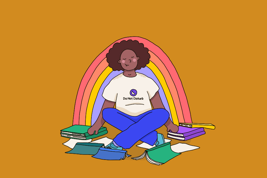 An illustration of a young person wearing a t-shirt that says "do not disturb" sits cross-legged on the floor surrounded by books and notes. They look relaxed and content.