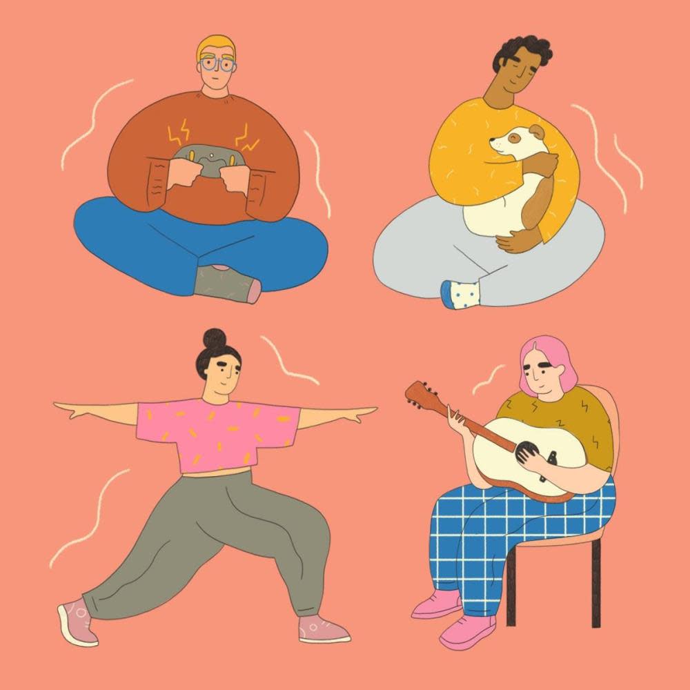 graphic of people playing guitar, doing yoga, playing with dog, gaming