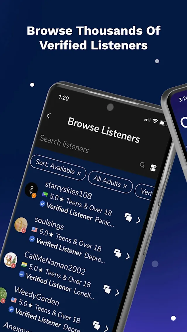 Smartphone screen showing an app interface titled 'Browse Listeners'. It displays profiles of verified listeners with ratings and categories like 'Teens & Over 18'. Text at top reads 'Browse Thousands Of Verified Listeners'.
