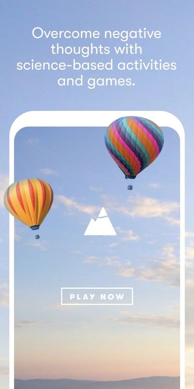 Two colorful hot air balloons float in a clear sky with clouds. Text reads, 'Overcome negative thoughts with science-based activities and games.' A 'Play Now' button is visible.