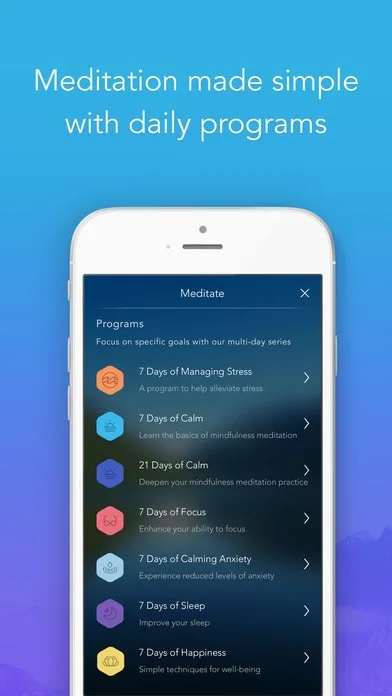Smartphone displays a meditation app with a list of daily programs, including steps for mindfulness and sleep. Text above reads: "Meditation made simple with daily programs".