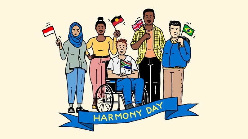 Harmony Day cartoon group of diverse young people from around the world holding their flags of origin