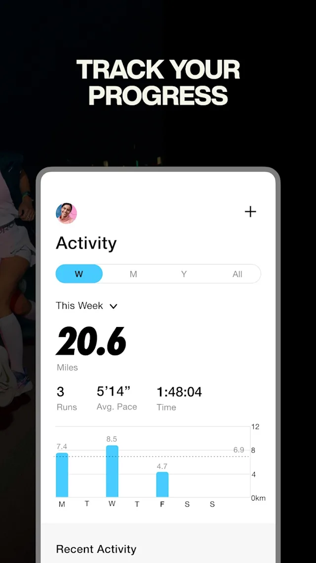 A fitness app screen displaying weekly running activity. It shows 20.6 miles over 3 runs with an average pace of 5'14". A bar graph visualises daily progress. The phrase 'Track Your Progress' appears at the top.