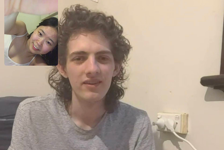 Image of Quinn and her boyfriend speaking on FaceTime. Quinn has light skin, long black hair and is smiling at the camera. Her boyfriend has light skin and curly brown hair.