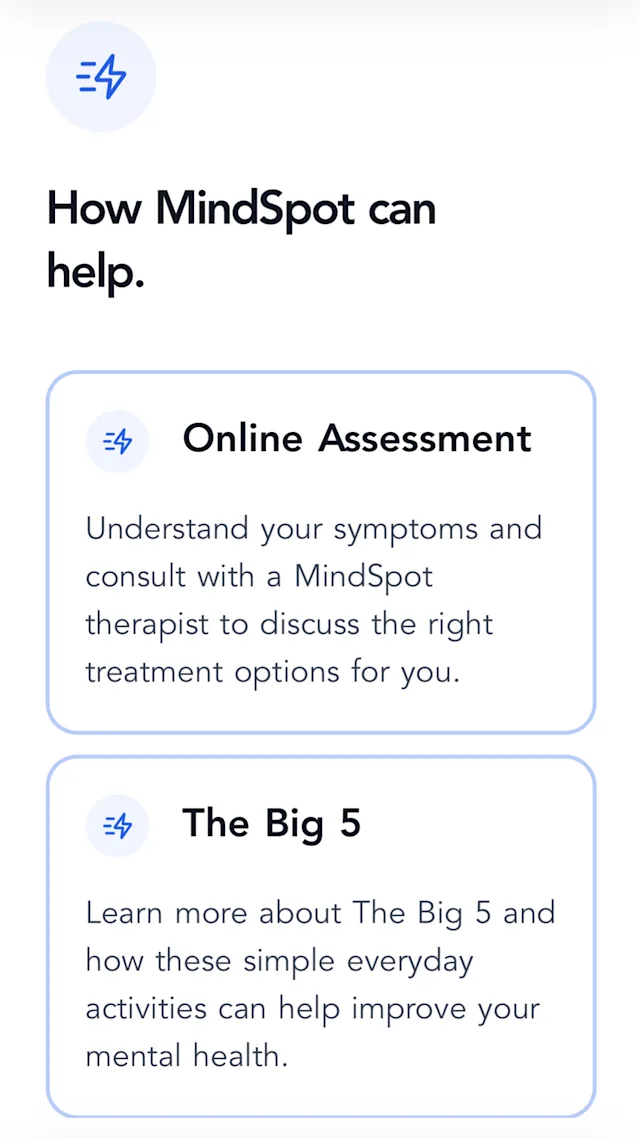 Screenshot of MindSpot website promoting online assessments and simple everyday activities to help improve mental health.