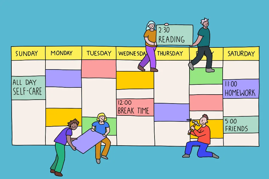 Illustration of five young people lifting blocks and putting them into a giant weekly schedule. Text on the blocks reads "ALL-DAY Self-care, 12:00 break time, 2:30 reading, 11:00 homework and 5:00 friends".