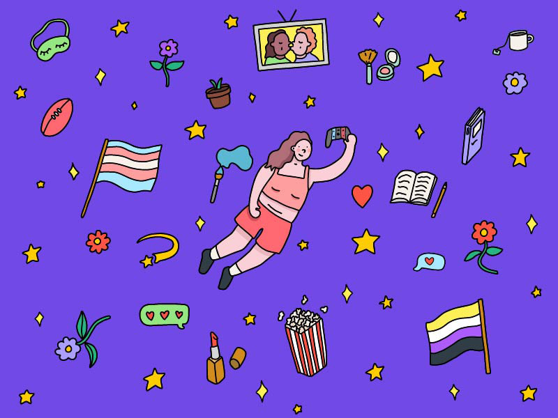 A cartoon of a person with pale skin and light brown hair floating and holding up a gaming controller. They are floating through a purple background that is full of selfcare items like books, makeup, a football, flowers, cups of tea, and both the non-binary flag and the trans flag.