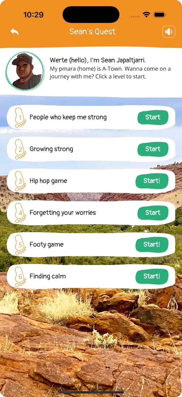 App screen shows “Sean’s Quest,” showing six mental health numbered challenges.