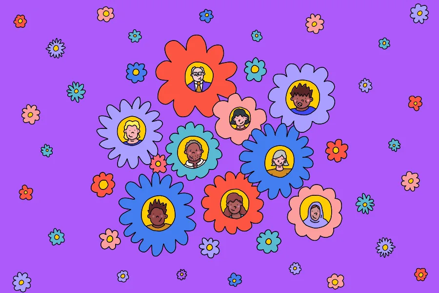 An illustration depicting the different types of people that could offer support. There are nine portraits and each portrait is set within the centre of a flower. Some of the portraits show young people, while others show middle-aged and older people.