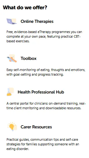 Inside Out eClinic service overview listing online eating-disorder therapy, a self-monitoring toolbox, a clinician resource hub, and carer guides.