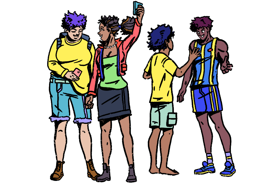 Cartoon of four young First Nations people standing in pairs yarning with each other.