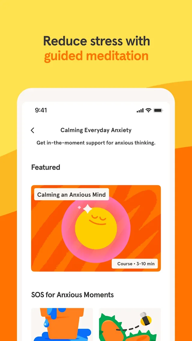 Mobile app screen promoting stress reduction through guided meditation. Features a course titled 'Calming an Anxious Mind' with a smiling sun illustration. Text above reads: 'Reduce stress with guided meditation'.
