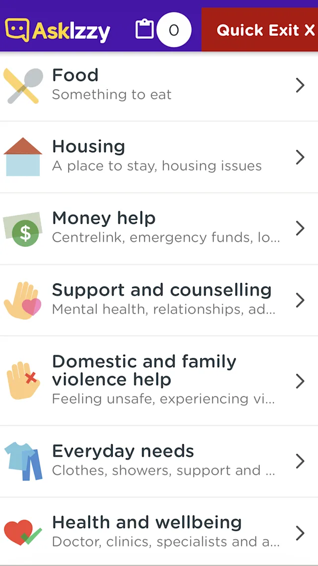AskIzzy support menu showing categories for food, housing, money help, counselling, domestic violence, everyday needs, and health, with a prominent red Quick Exit button.