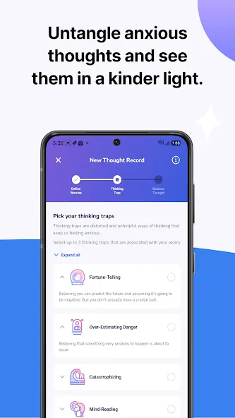 Mobile app screen shows common 'thinking traps' and how to unravel them. Text above reads: 'Untangle anxious thoughts and see them in a kinder light.'