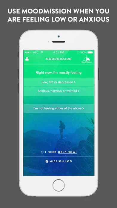 A smartphone screen displaying the MoodMission app interface, asking the user how they're currently feeling. Text above reads: "Use MoodMission when you are feeling low or anxious".